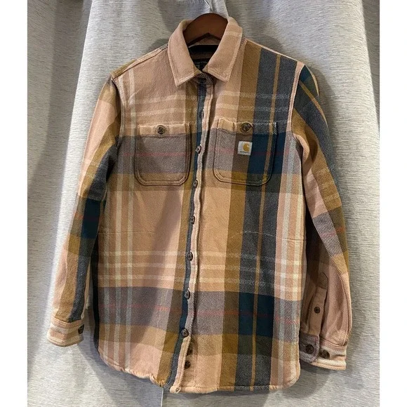 Carhartt Loose Fit Heavyweight Twill Plaid Flannel Shirt Women's Size XS Tan - Picture 2 of 5